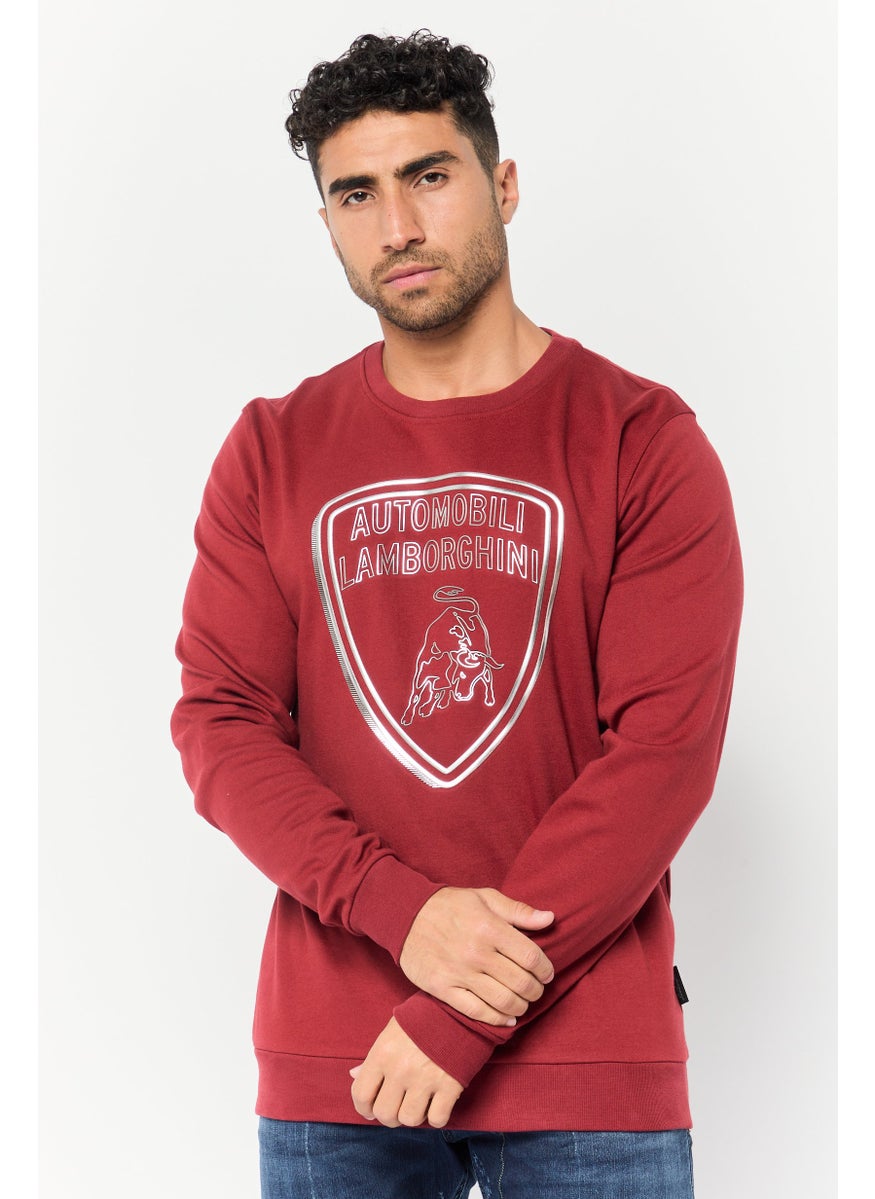 Men Crew Neck Metallic Long Sleeves Sweatshirt, Maroon