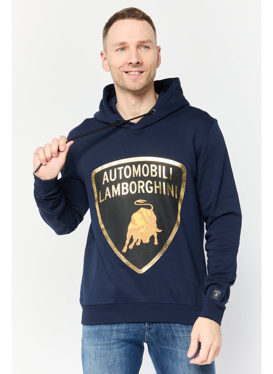 Men Brand Logo Long Sleeve Hoodie, Navy Blue