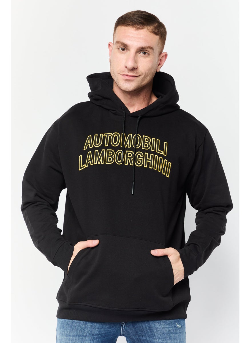 Men Embroidered Logo Long Sleeve Hoodie, Black