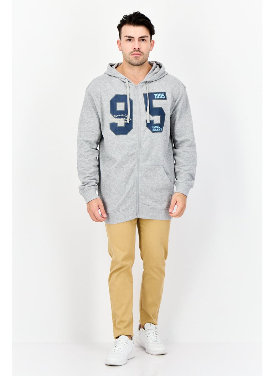 Men Printed Long Sleeves Full Zip Hoodie, Light Grey