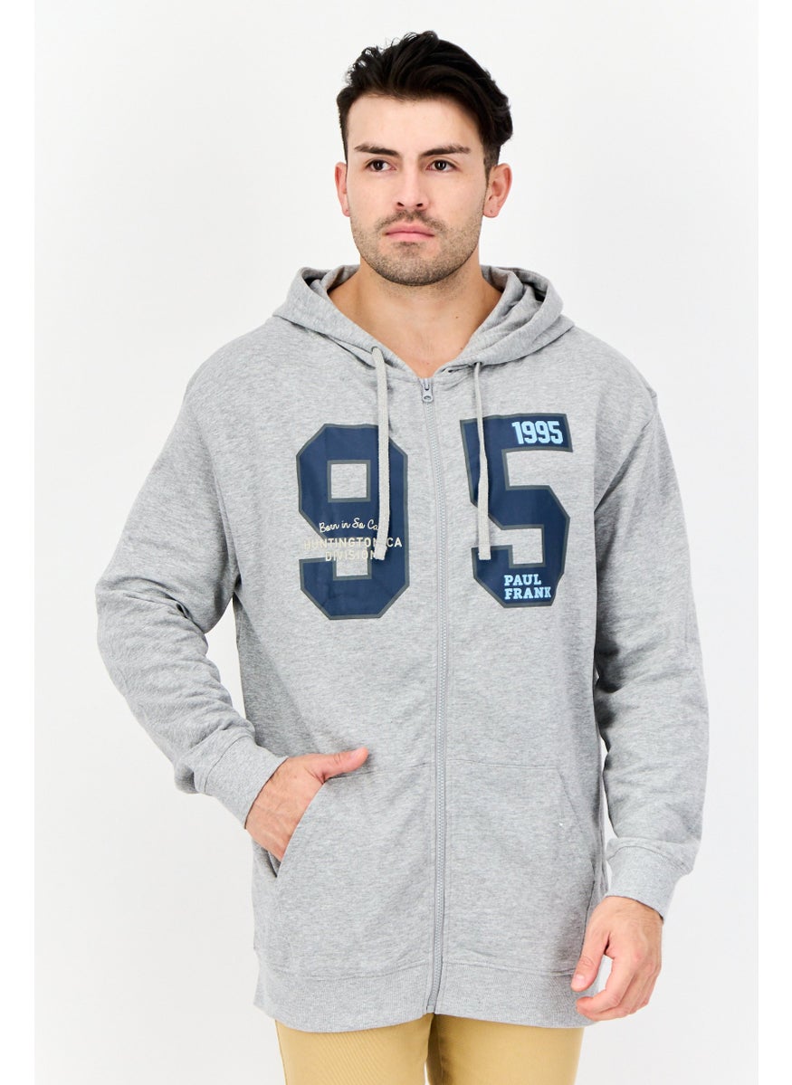 Men Printed Long Sleeves Full Zip Hoodie, Light Grey
