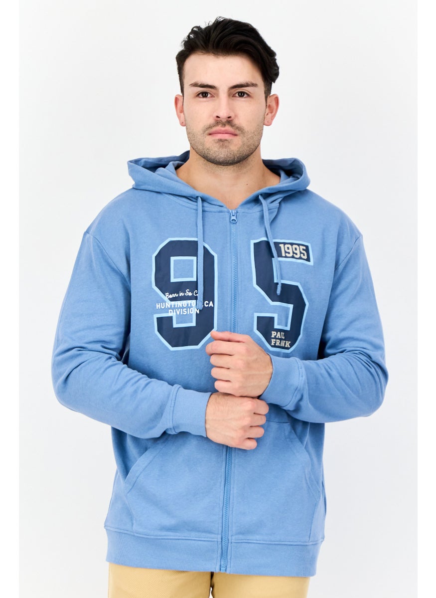 Men Graphic Print Full Zip Hoodie, Light Blue