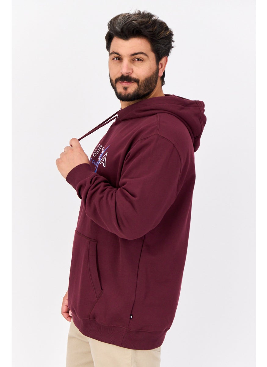 Men Hooded Brand Logo Long Sleeves Sweatshirt, Burgundy