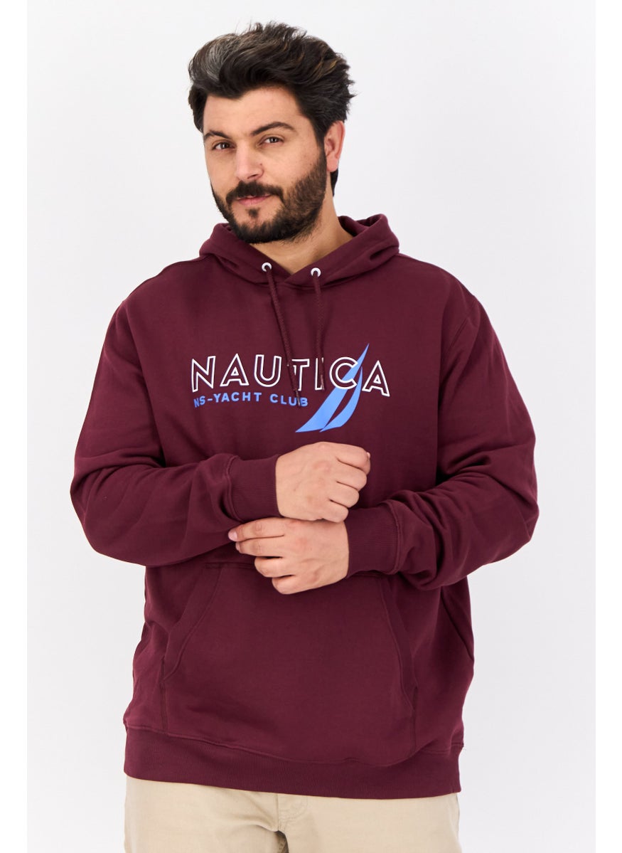 Men Hooded Brand Logo Long Sleeves Sweatshirt, Burgundy