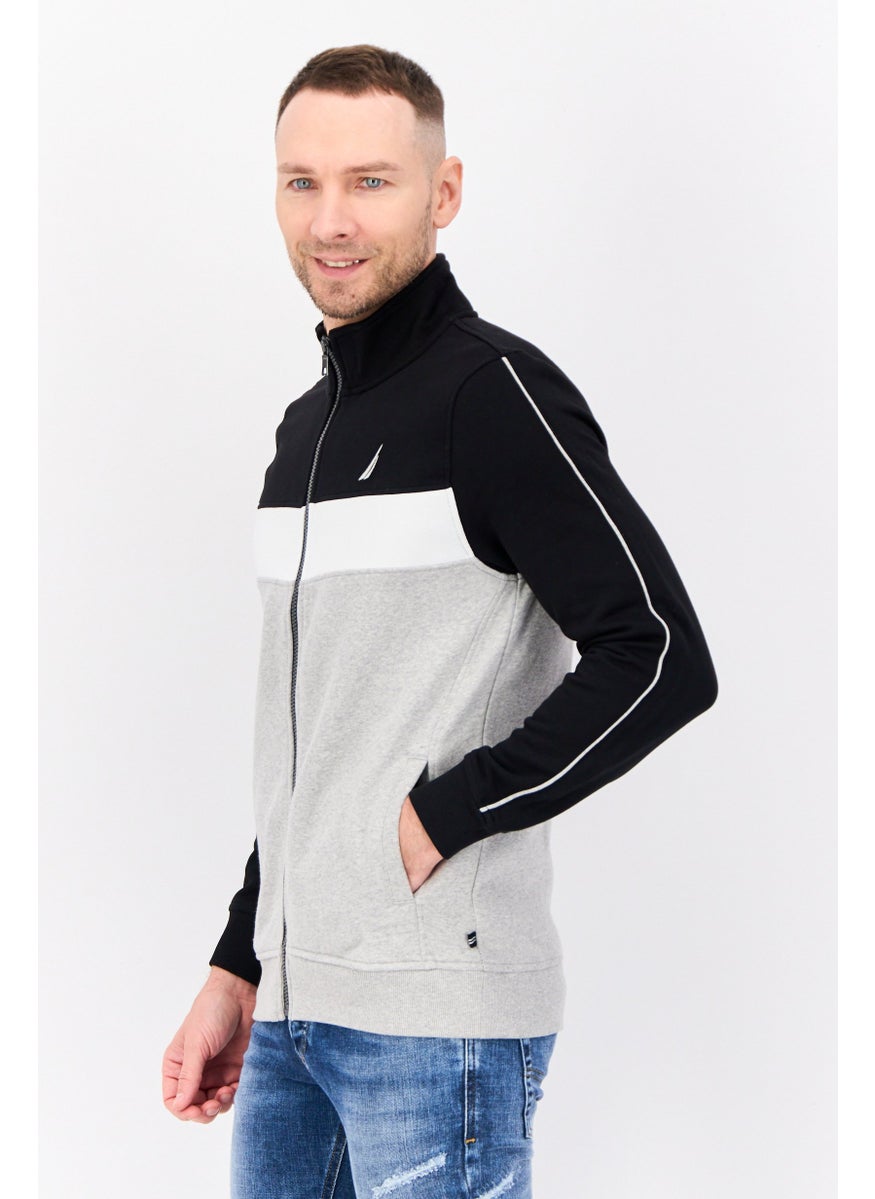 Men Mock Neck Colorblock Long Sleeve Sweatshirt, Black/Grey/White