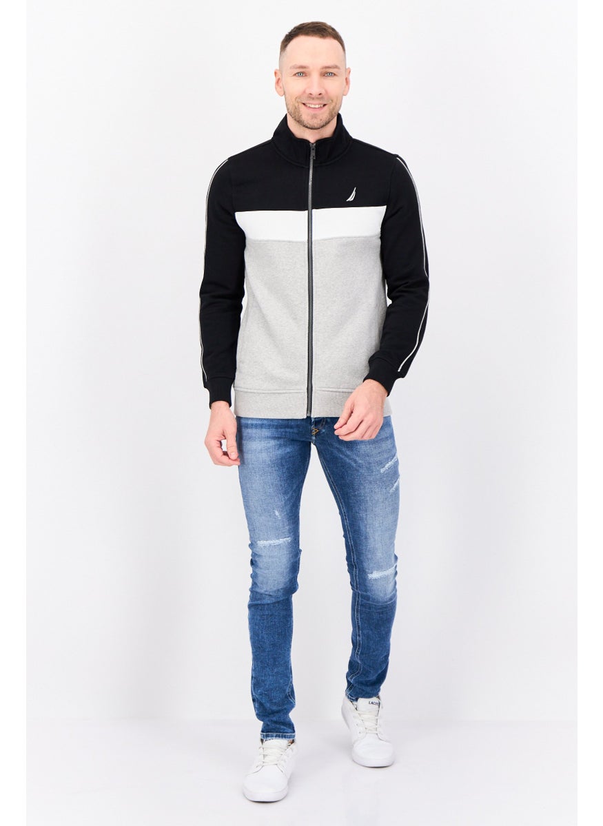 Men Mock Neck Colorblock Long Sleeve Sweatshirt, Black/Grey/White