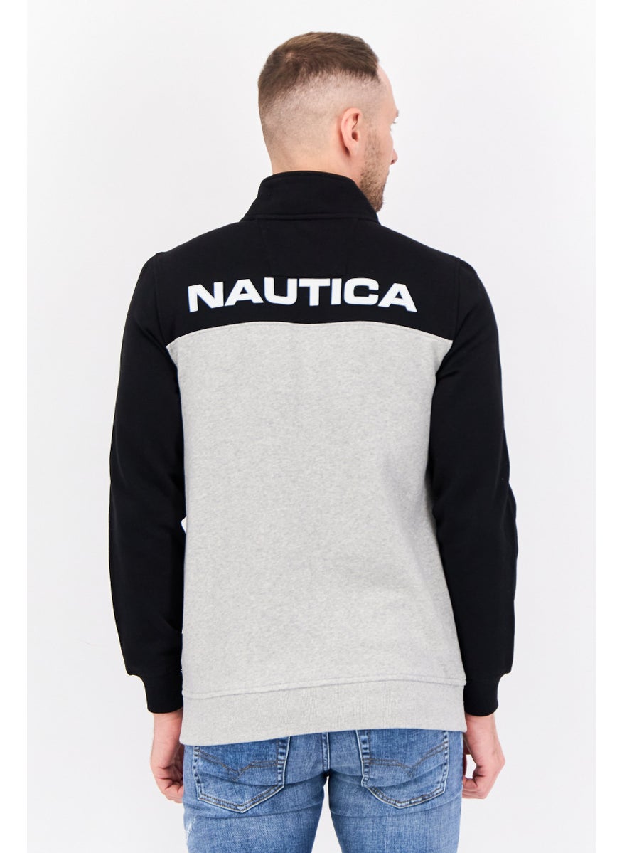 Men Mock Neck Colorblock Long Sleeve Sweatshirt, Black/Grey/White