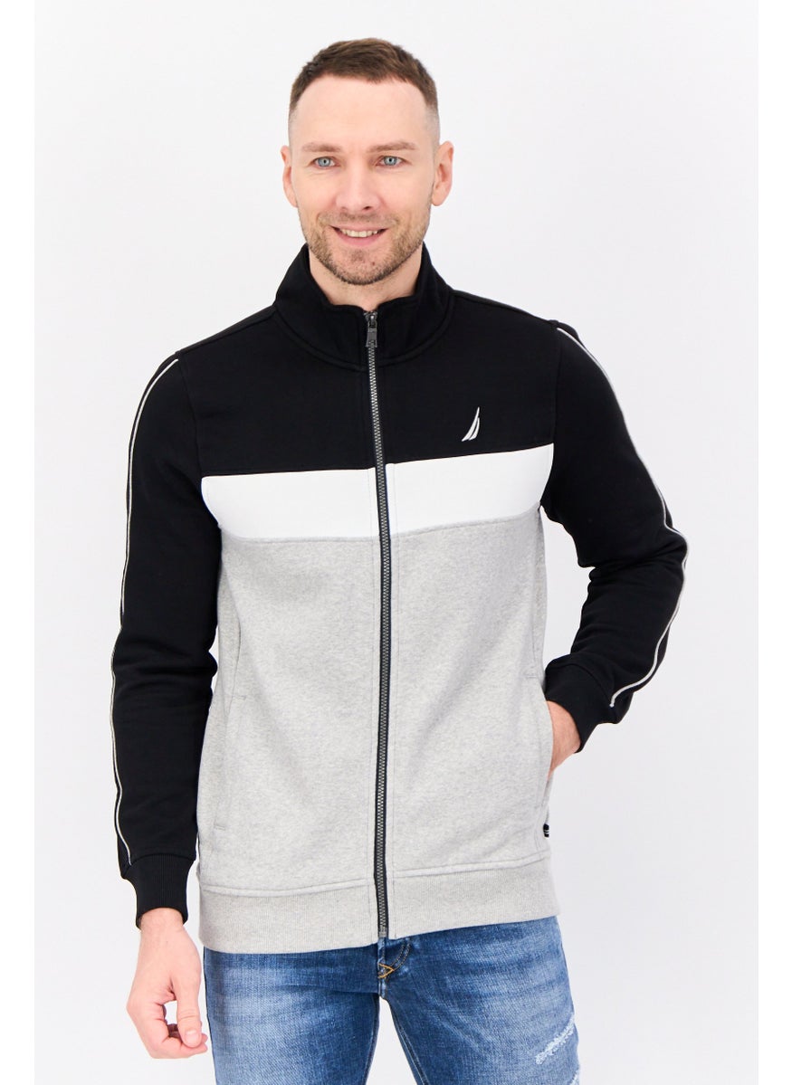 Men Mock Neck Colorblock Long Sleeve Sweatshirt, Black/Grey/White