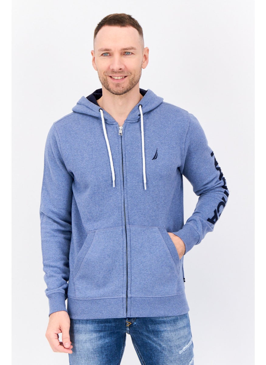 Men Hooded Embroidered Logo Long Sleeves Sweatshirt, Blue