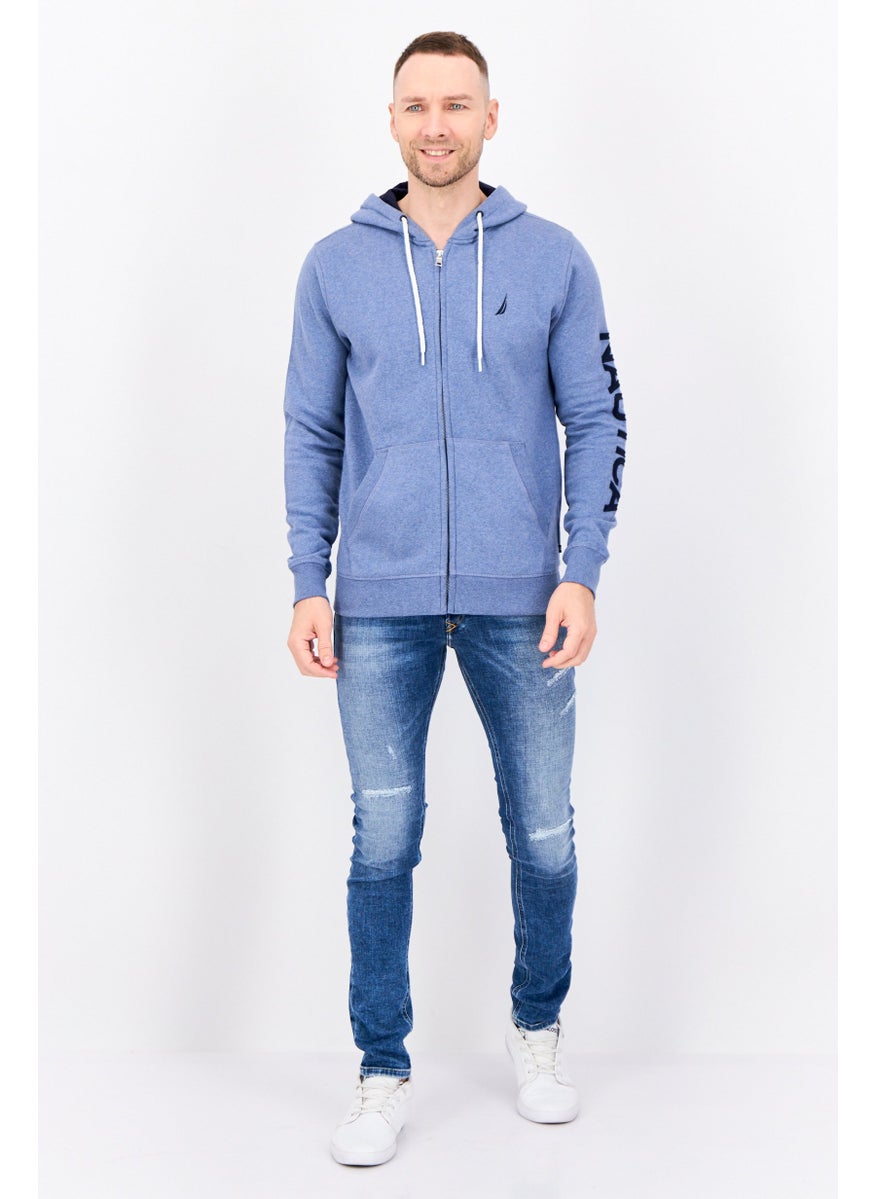 Men Hooded Embroidered Logo Long Sleeves Sweatshirt, Blue