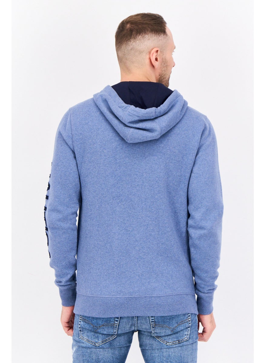 Men Hooded Embroidered Logo Long Sleeves Sweatshirt, Blue