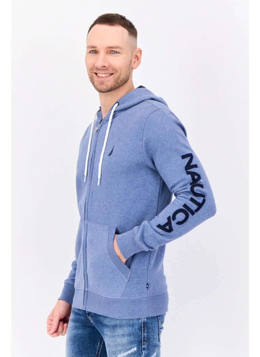 Men Hooded Embroidered Logo Long Sleeves Sweatshirt, Blue