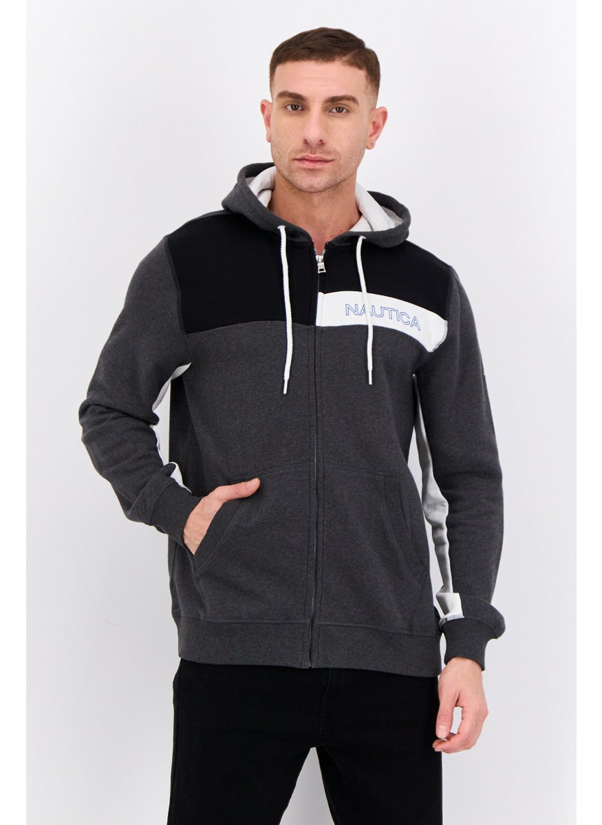 Men Hooded Brand Logo Long Sleeves Sweatshirt, Grey