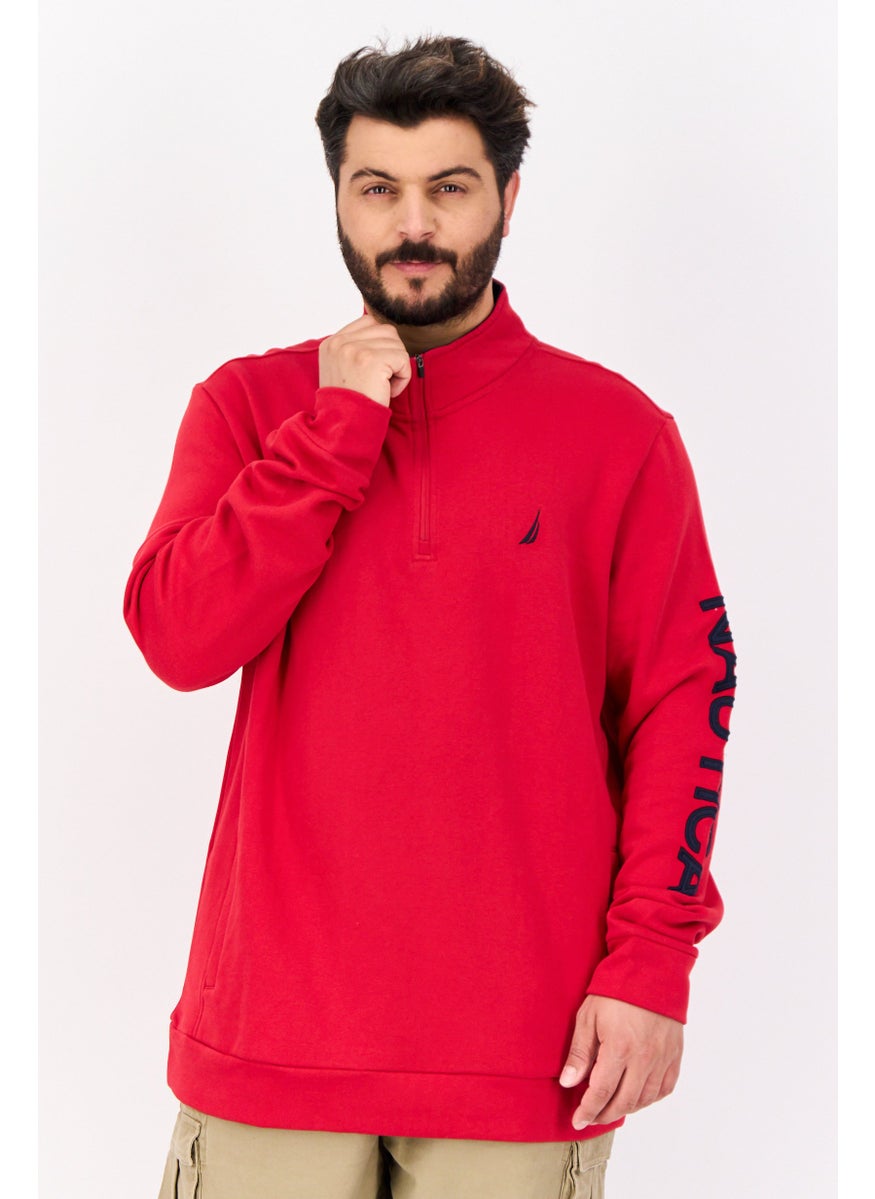 Men Mock Neck Long Sleeve Brand Logo Half Zip Sweatshirt, Red/Navy
