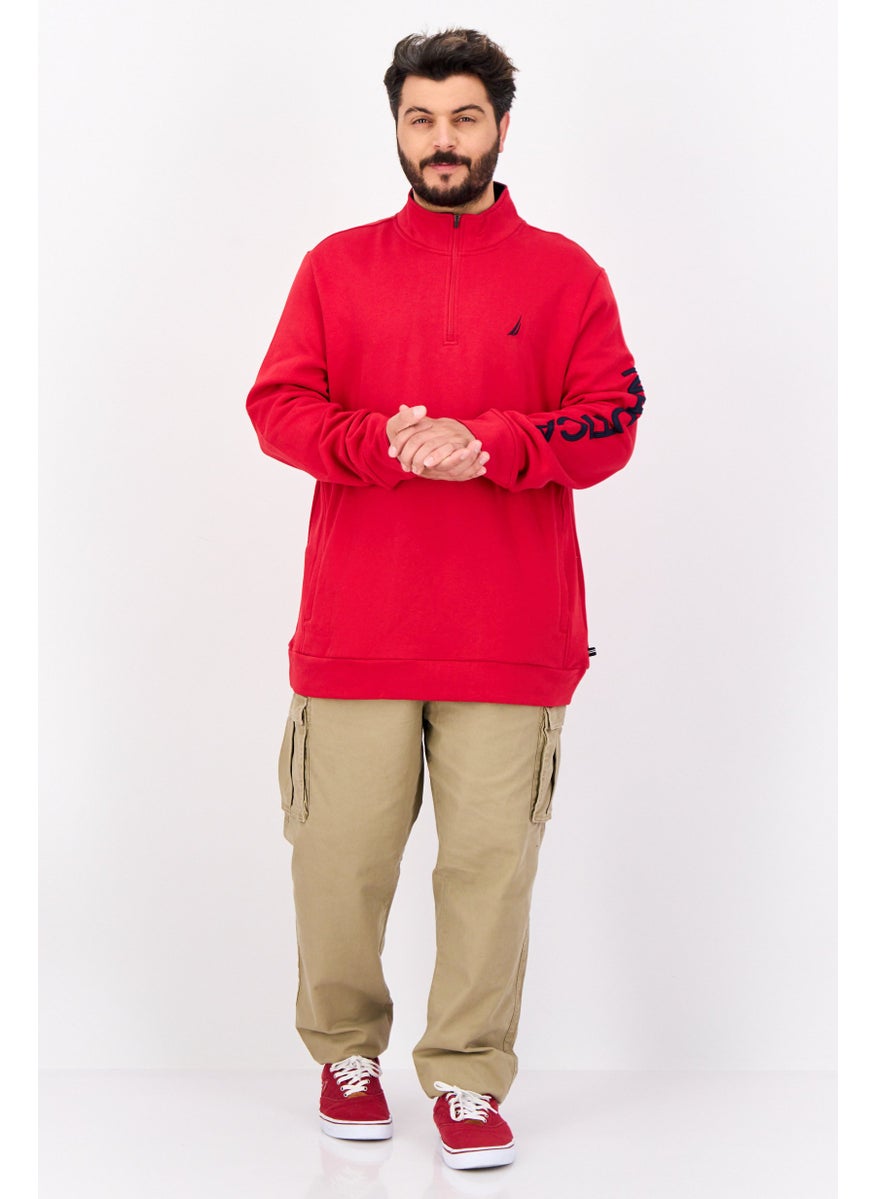 Men Mock Neck Long Sleeve Brand Logo Half Zip Sweatshirt, Red/Navy