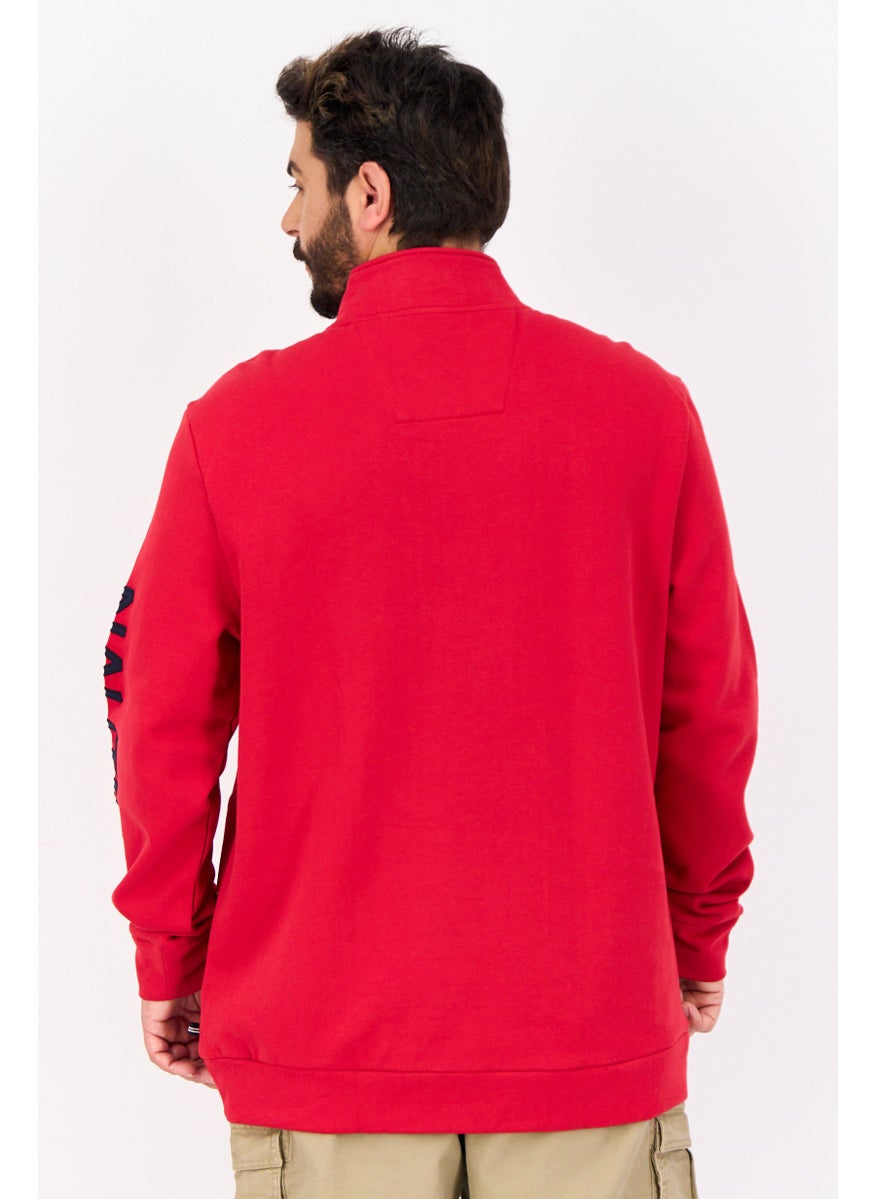 Men Mock Neck Long Sleeve Brand Logo Half Zip Sweatshirt, Red/Navy