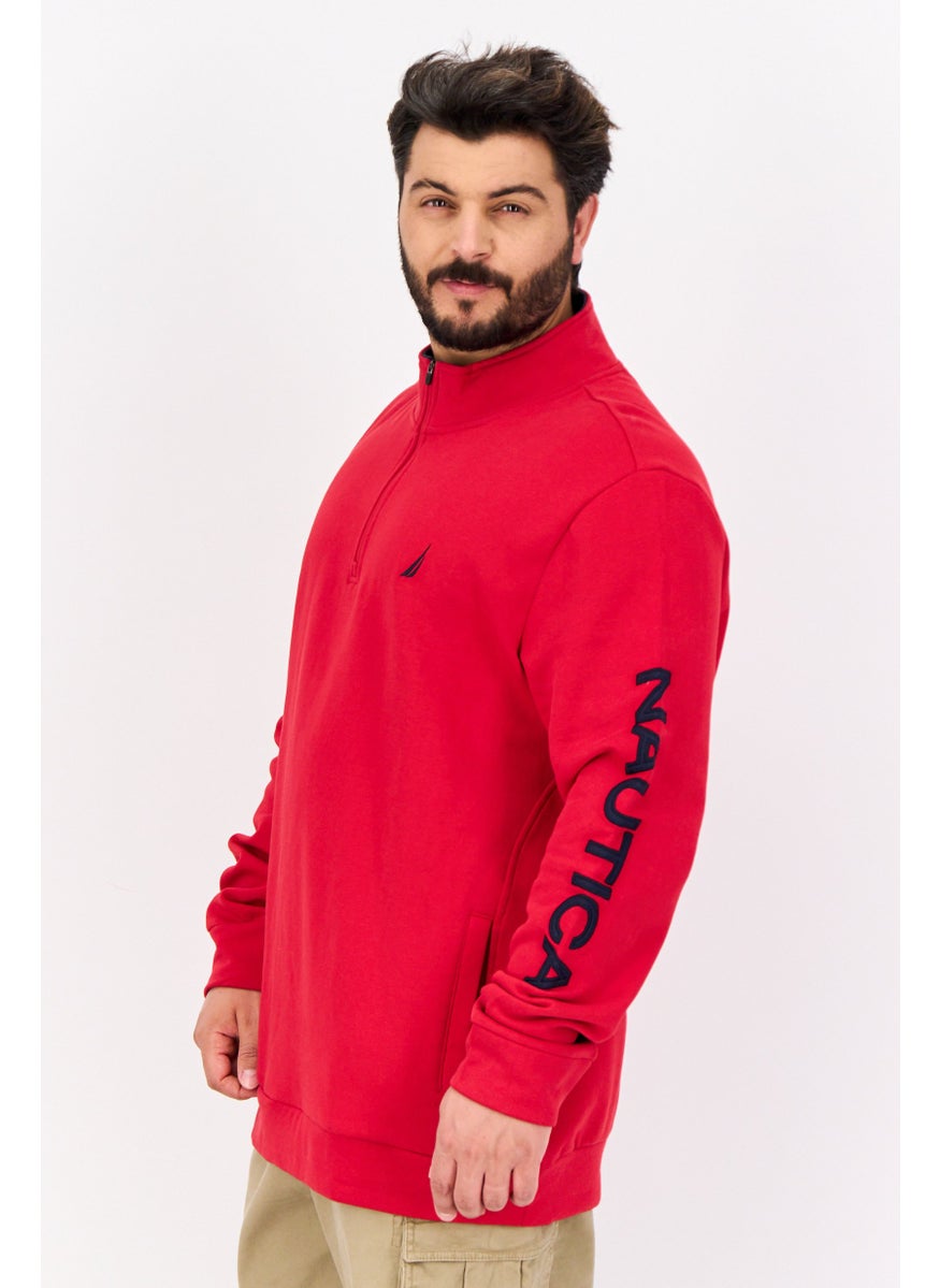 Men Mock Neck Long Sleeve Brand Logo Half Zip Sweatshirt, Red/Navy