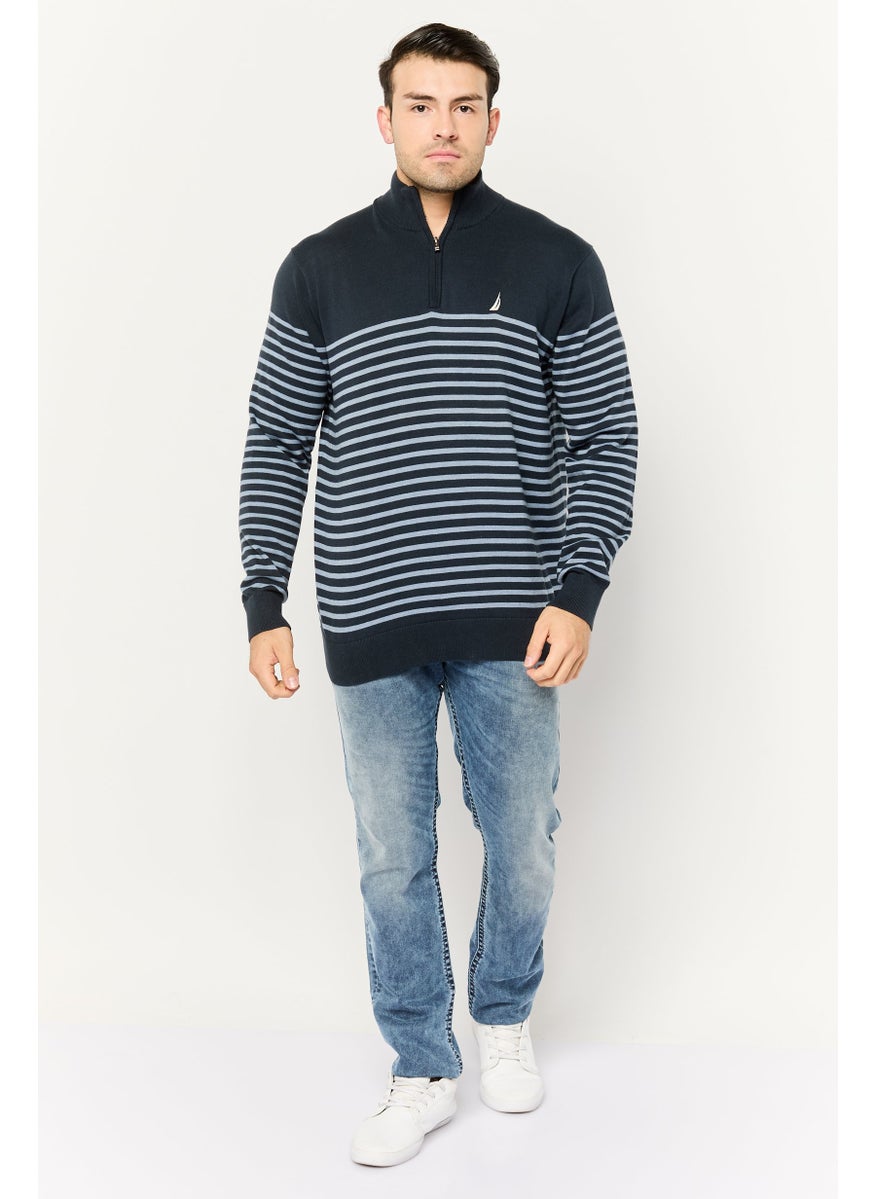 Men Mock Neck Stripe Long Sleeve Sweatshirt, Navy Blue
