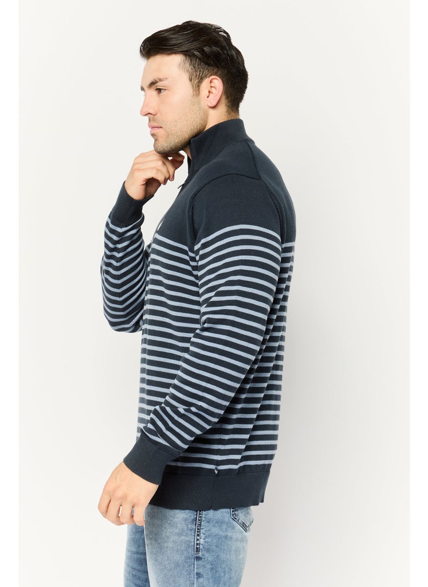 Men Mock Neck Stripe Long Sleeve Sweatshirt, Navy Blue