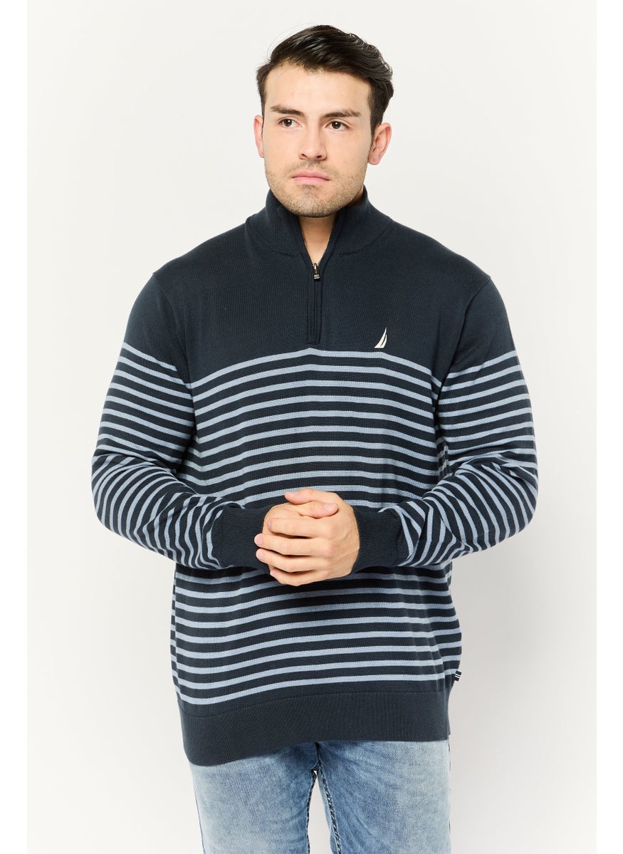 Men Mock Neck Stripe Long Sleeve Sweatshirt, Navy Blue