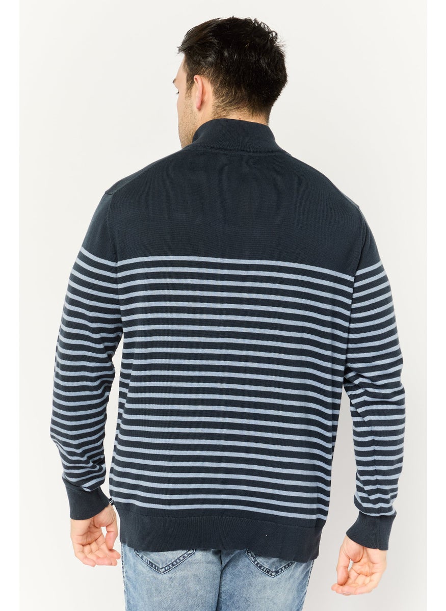 Men Mock Neck Stripe Long Sleeve Sweatshirt, Navy Blue