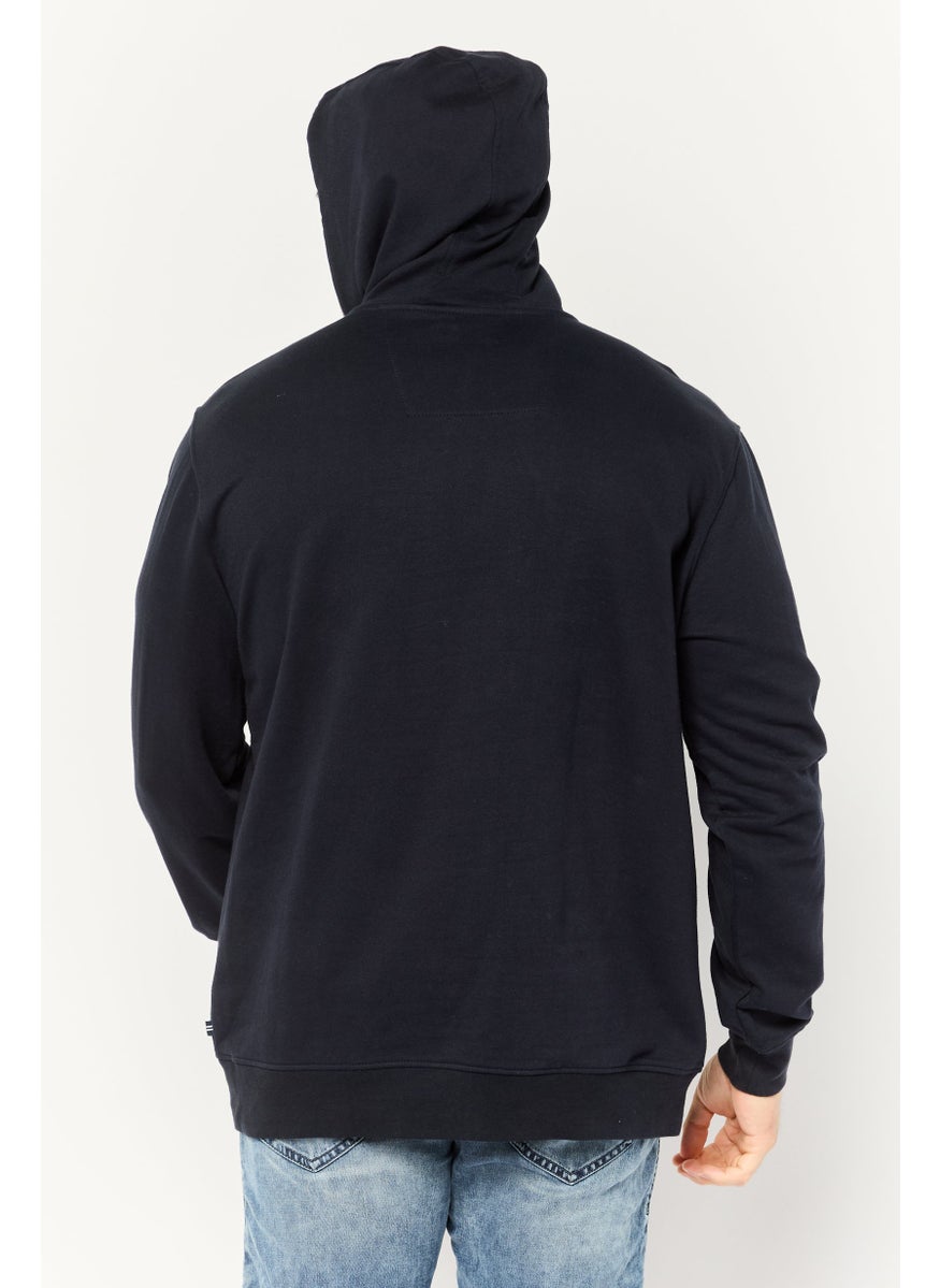 Men Embroidered Logo Long Sleeves Hooded Sweatshirt, Navy