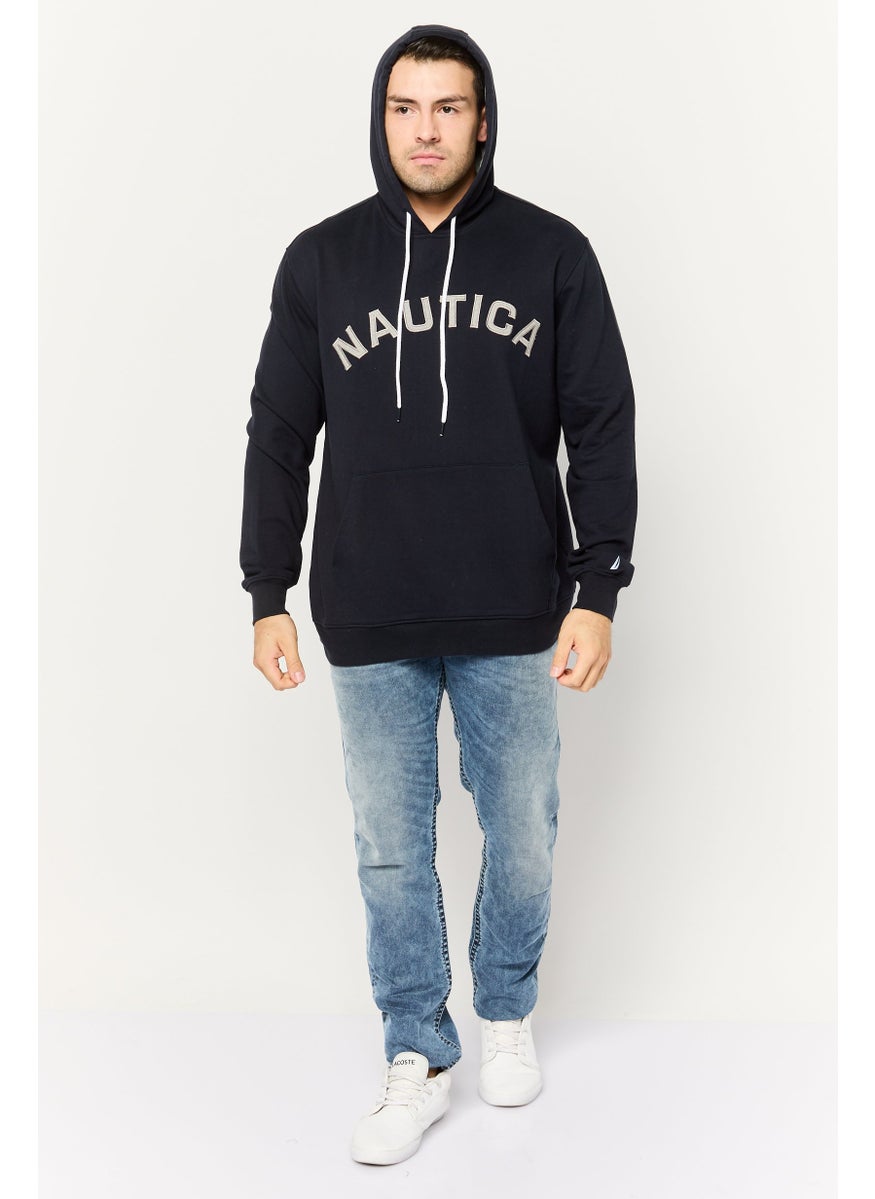 Men Embroidered Logo Long Sleeves Hooded Sweatshirt, Navy