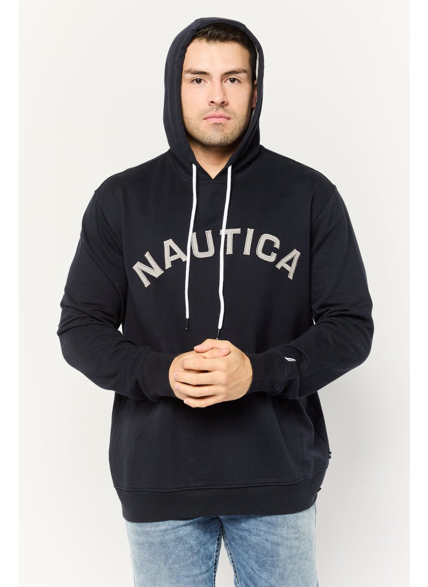 Men Embroidered Logo Long Sleeves Hooded Sweatshirt, Navy