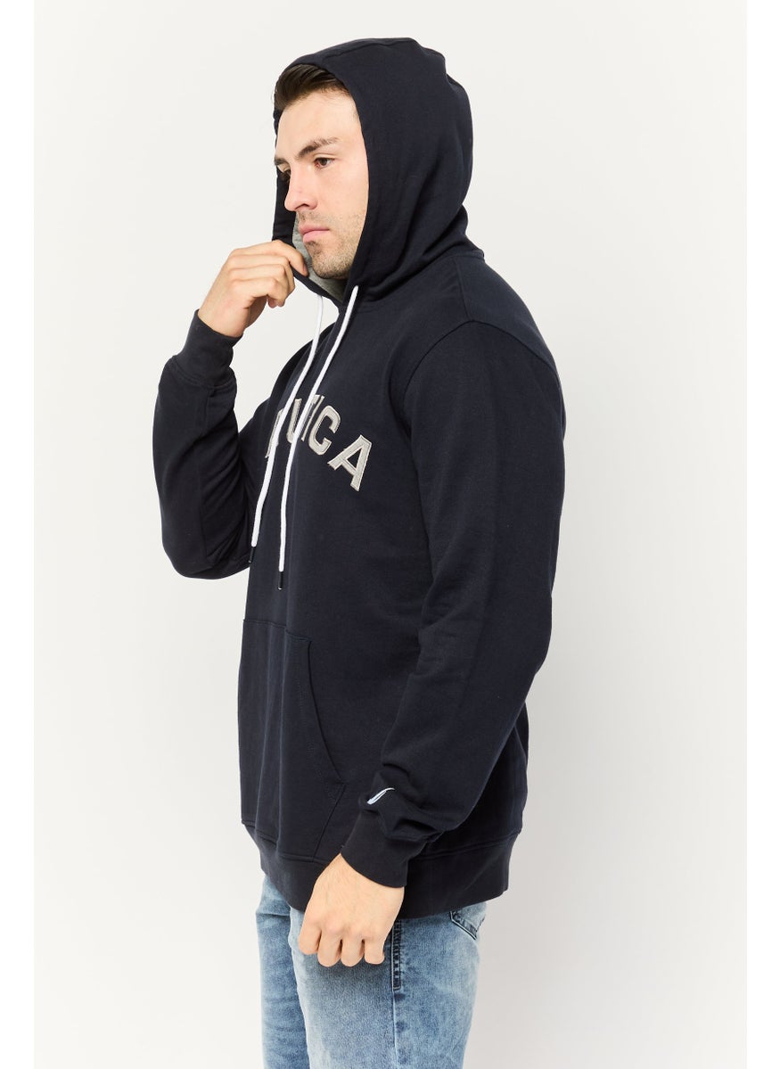 Men Embroidered Logo Long Sleeves Hooded Sweatshirt, Navy