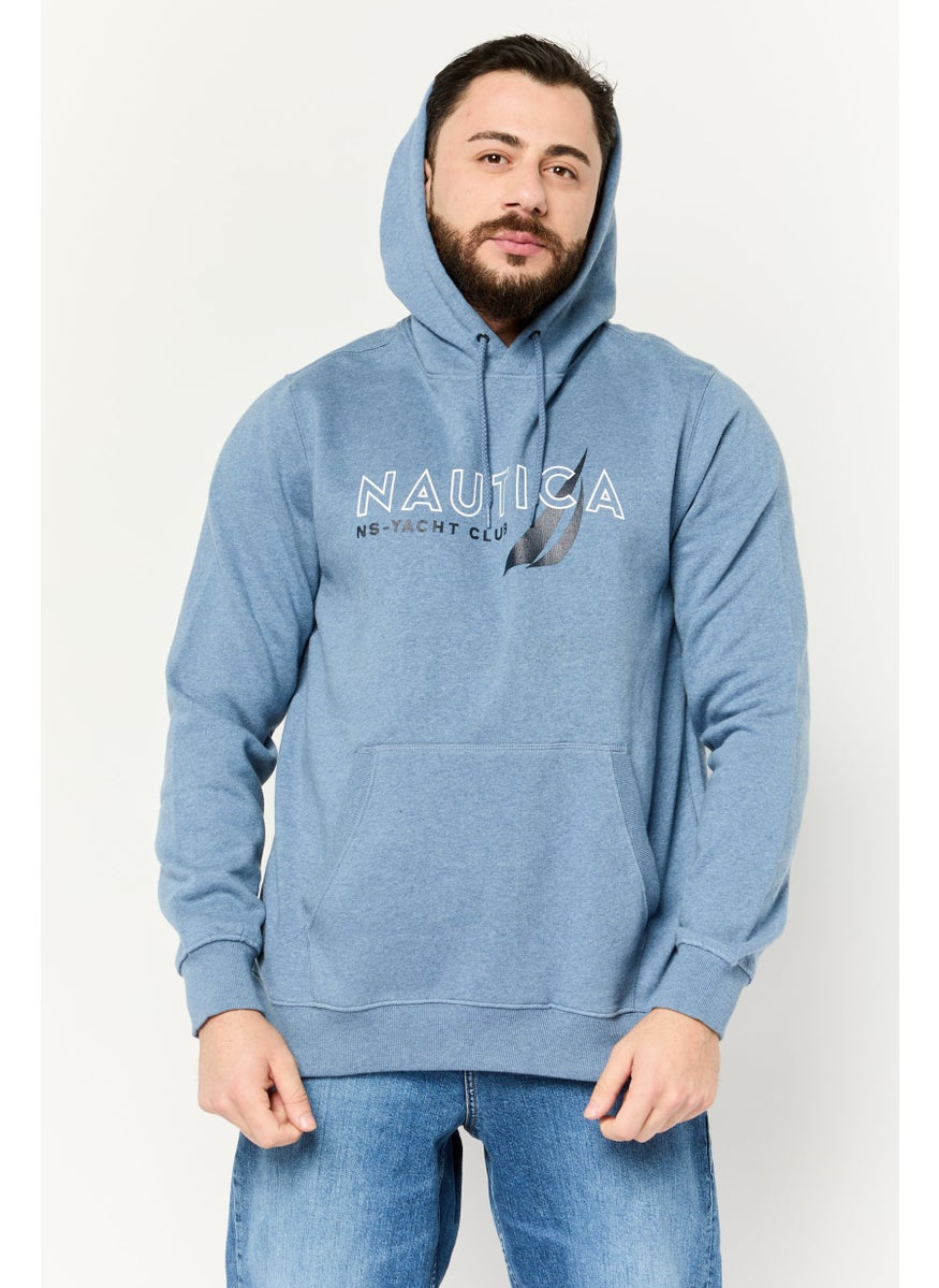 Men Hooded Graphic Print Long Sleeves Sweatshirt, Heather Blue