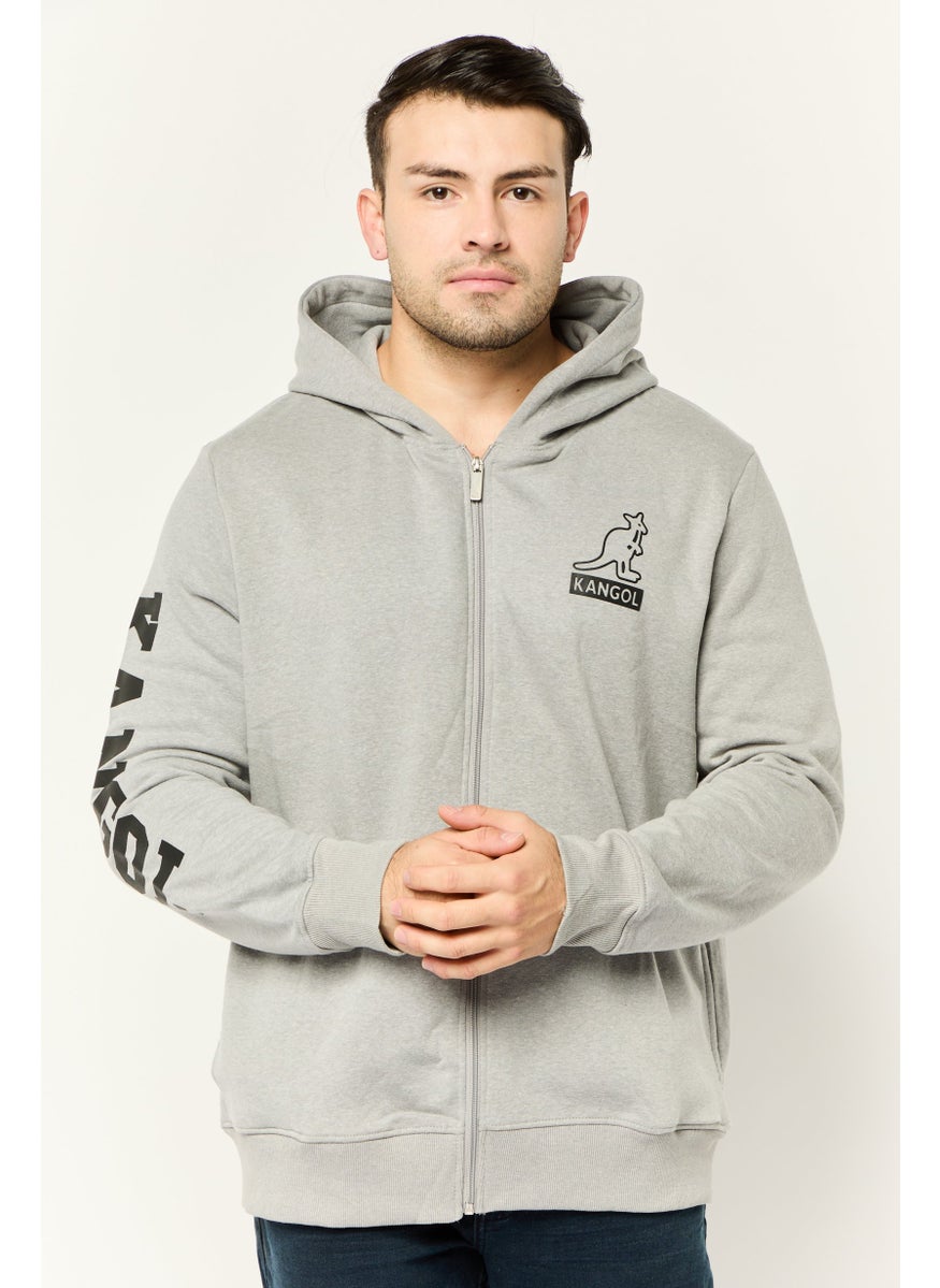 Men Brand Logo Long Sleeve Full Zip Hoodie, Heather Grey