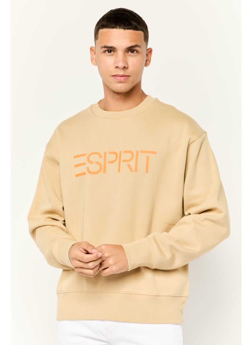 Men Ribbed Collar Long Sleeves Brand Logo Sweatshirts, Tan