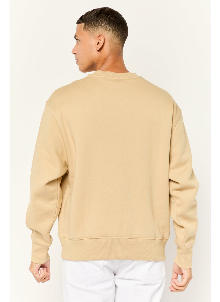 Men Ribbed Collar Long Sleeves Brand Logo Sweatshirts, Tan