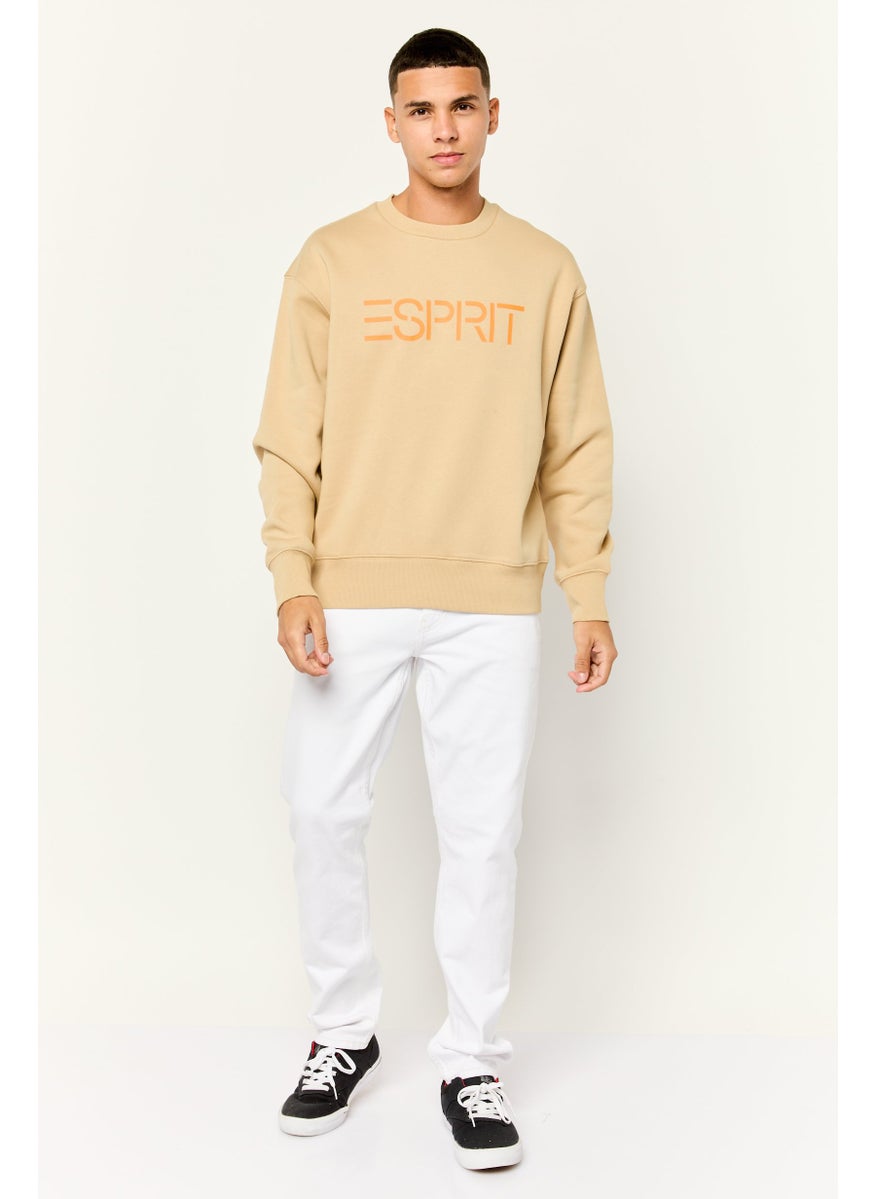 Men Ribbed Collar Long Sleeves Brand Logo Sweatshirts, Tan