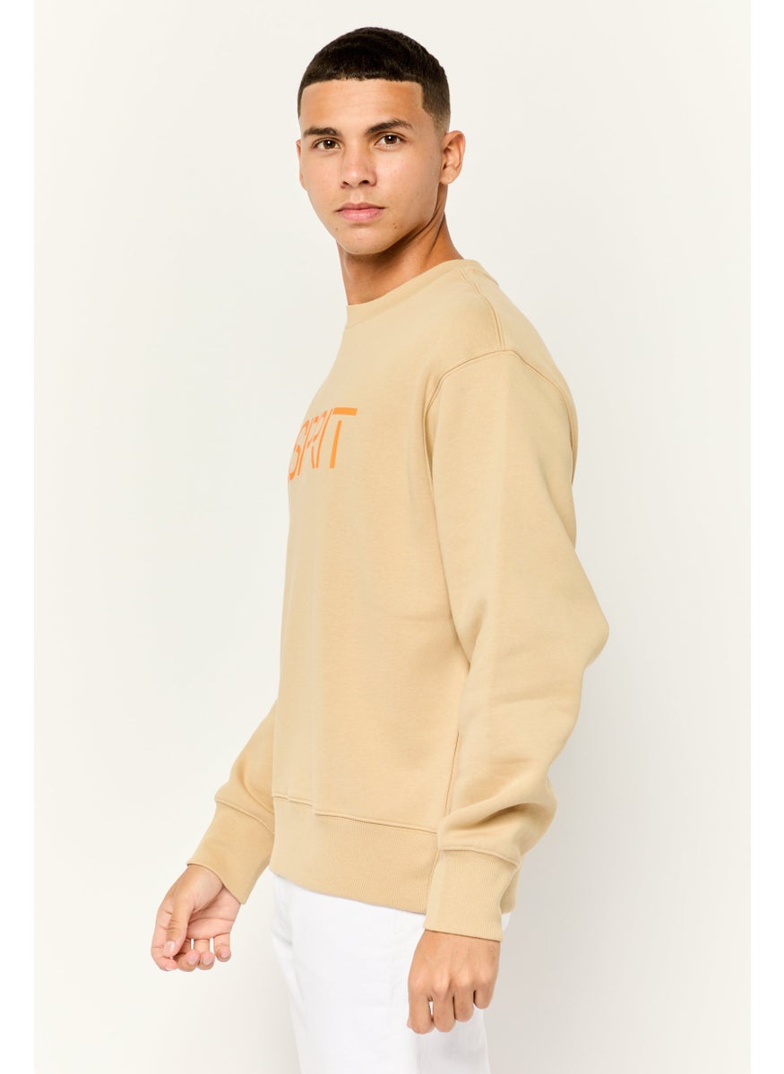 Men Ribbed Collar Long Sleeves Brand Logo Sweatshirts, Tan