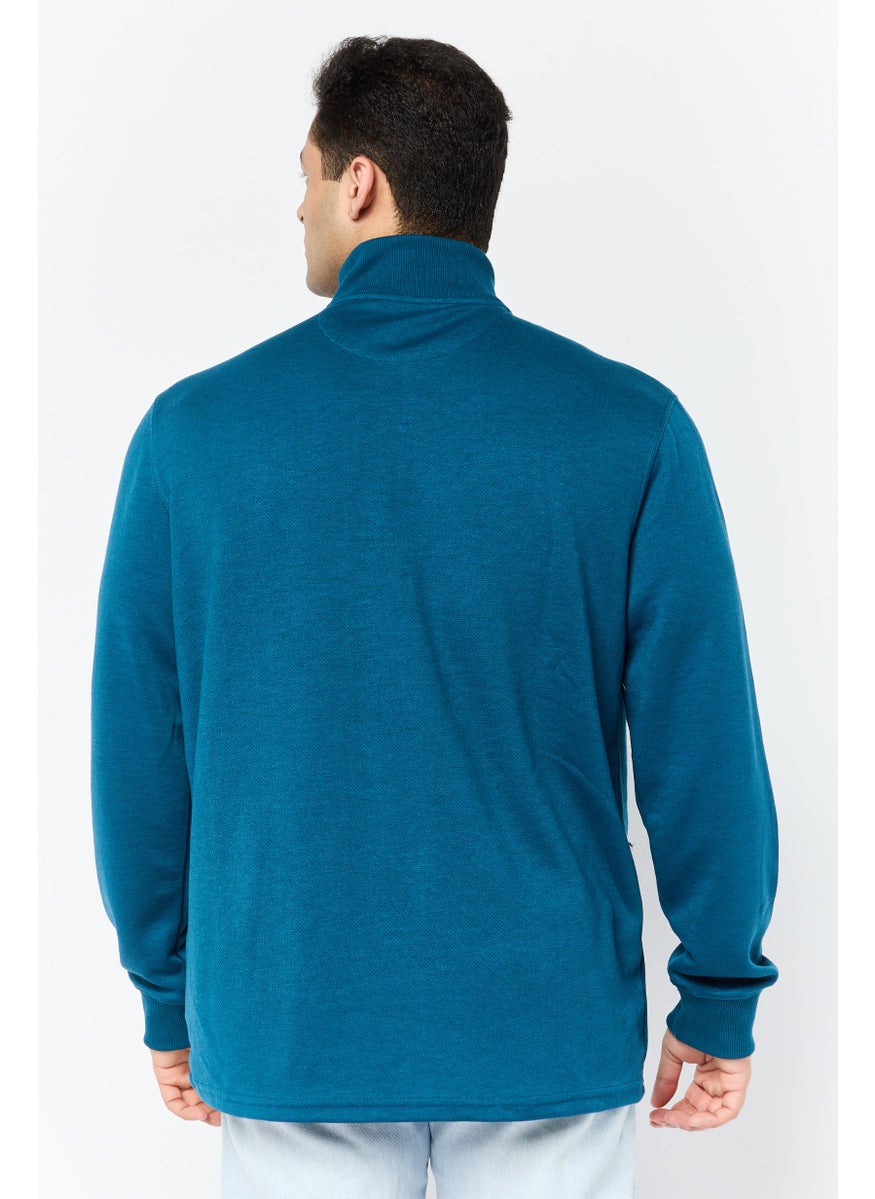 Men Mock Neck Long Sleeve Embroidered Logo Sweatshirt, Teal Blue