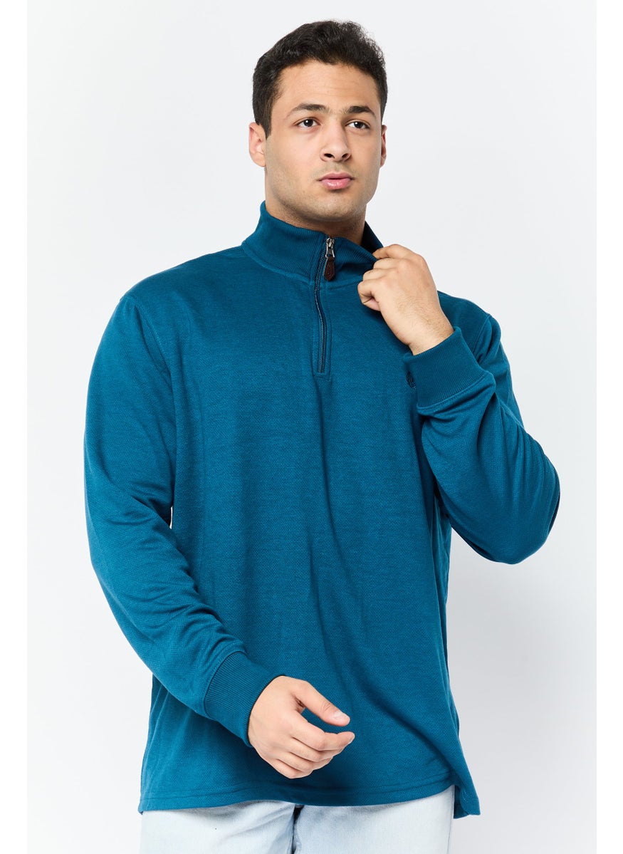 Men Mock Neck Long Sleeve Embroidered Logo Sweatshirt, Teal Blue