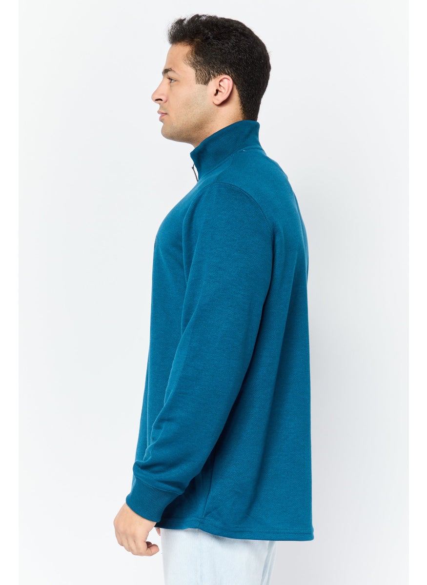 Men Mock Neck Long Sleeve Embroidered Logo Sweatshirt, Teal Blue
