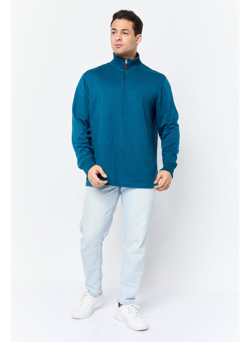 Men Mock Neck Long Sleeve Embroidered Logo Sweatshirt, Teal Blue