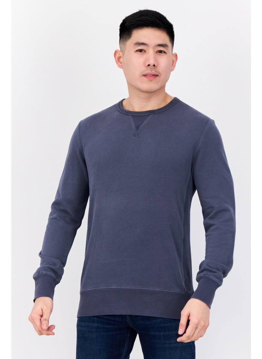 Men Crew Neck Long Sleeves Textured Sweatshirts, Slate Blue