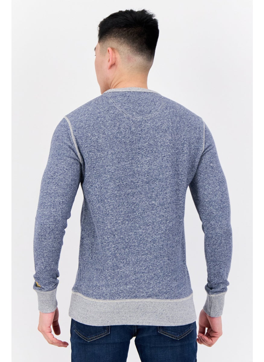 Men Crew Neck Embroidered Long Sleeves Sweatshirt, Slate Blue