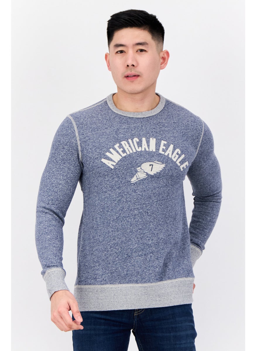 Men Crew Neck Embroidered Long Sleeves Sweatshirt, Slate Blue