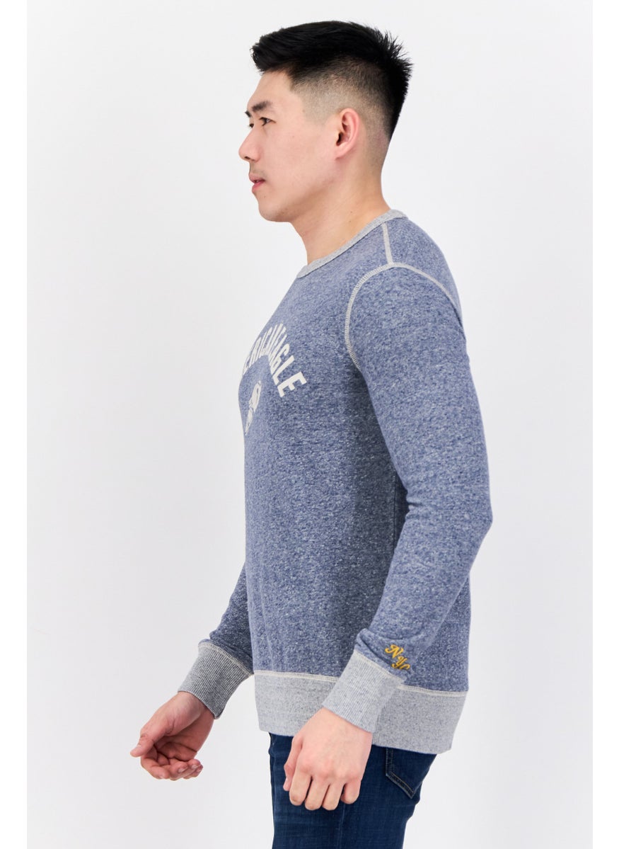 Men Crew Neck Embroidered Long Sleeves Sweatshirt, Slate Blue