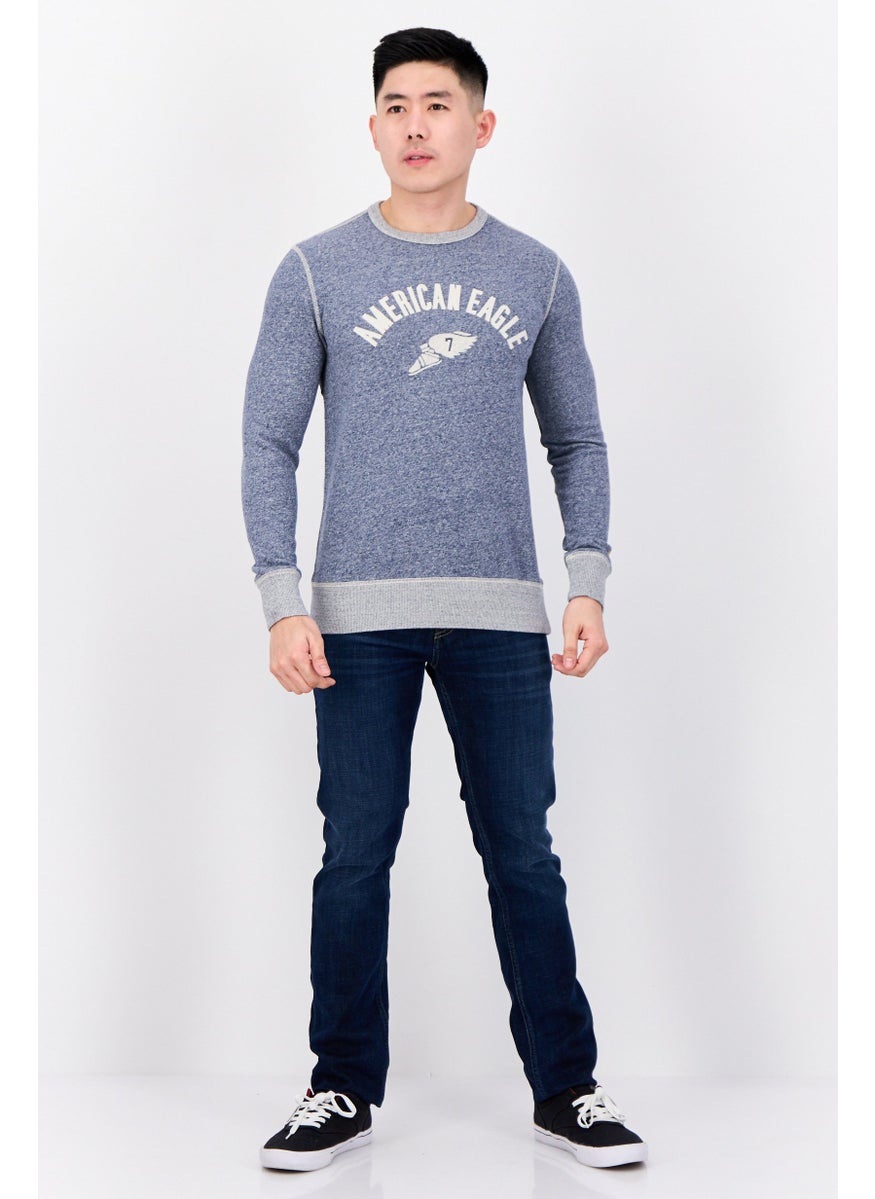 Men Crew Neck Embroidered Long Sleeves Sweatshirt, Slate Blue