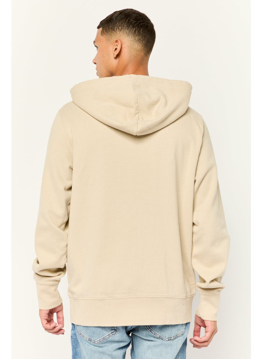 Men Brand Logo Long Sleeve Hoodie, Beige