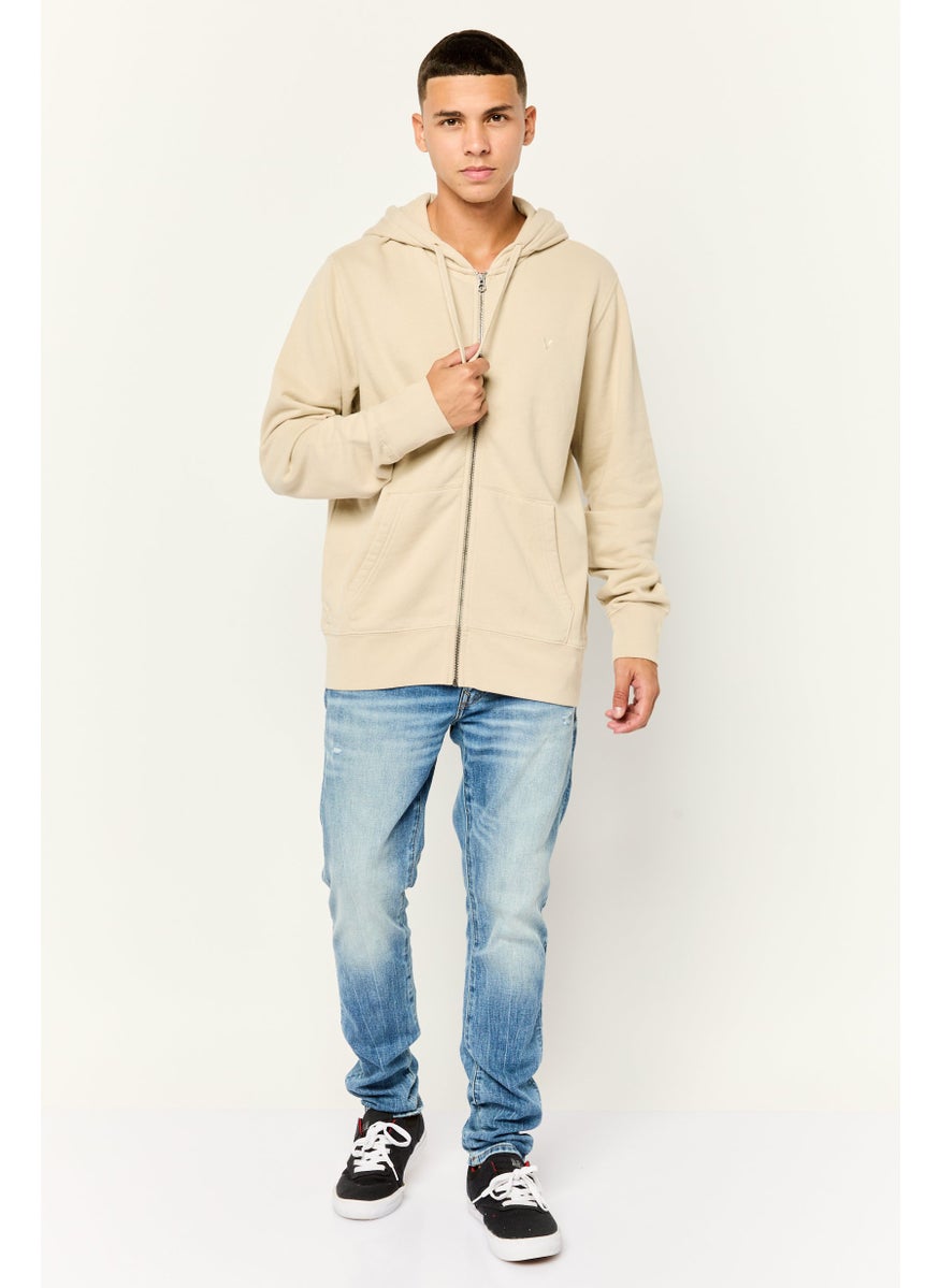 Men Brand Logo Long Sleeve Hoodie, Beige