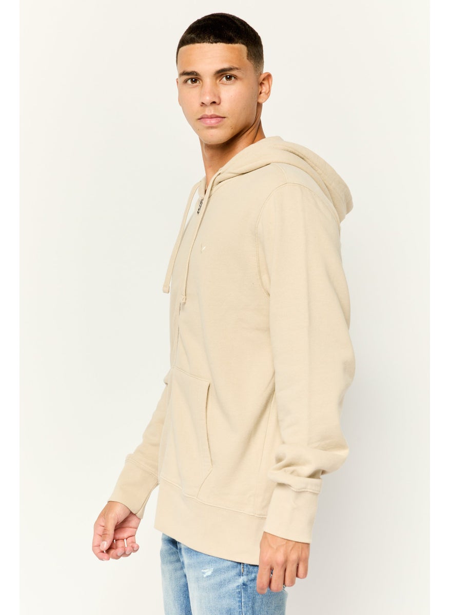 Men Brand Logo Long Sleeve Hoodie, Beige