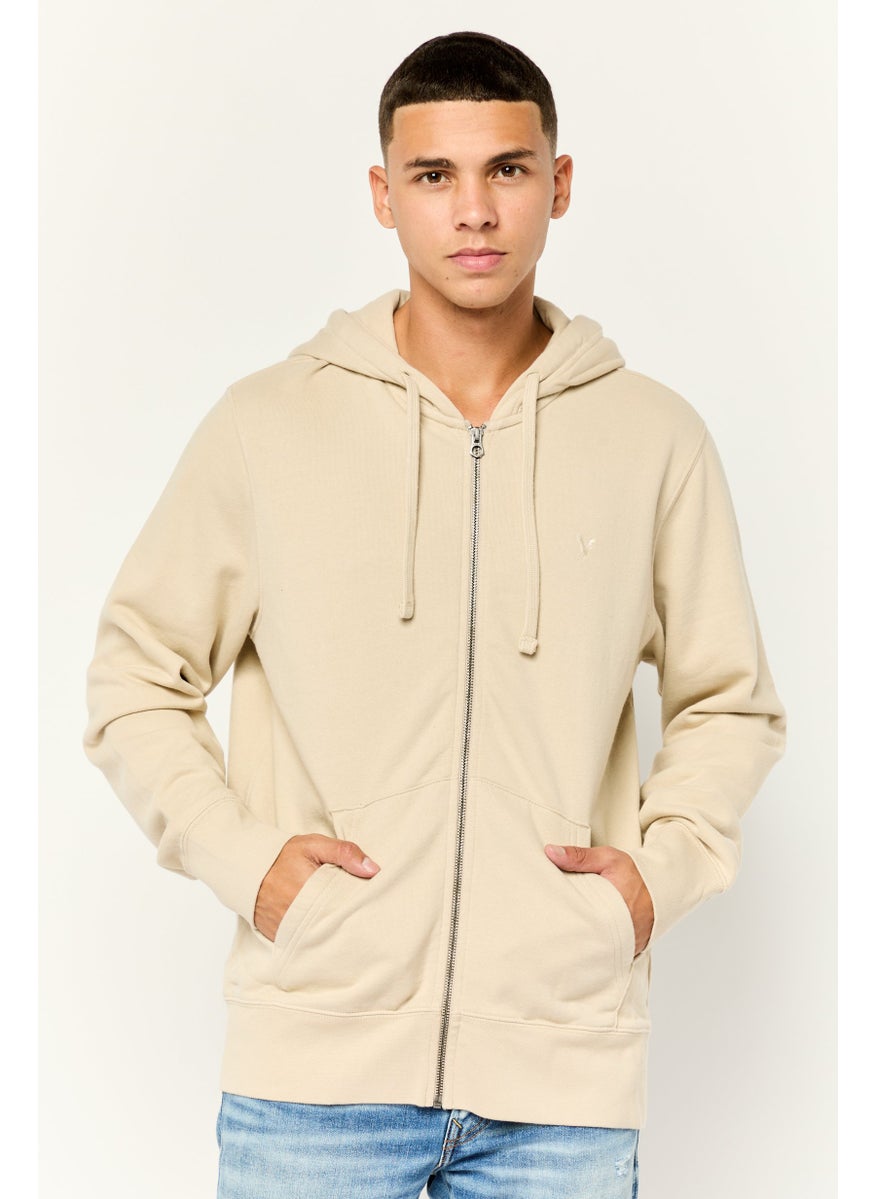 Men Brand Logo Long Sleeve Hoodie, Beige