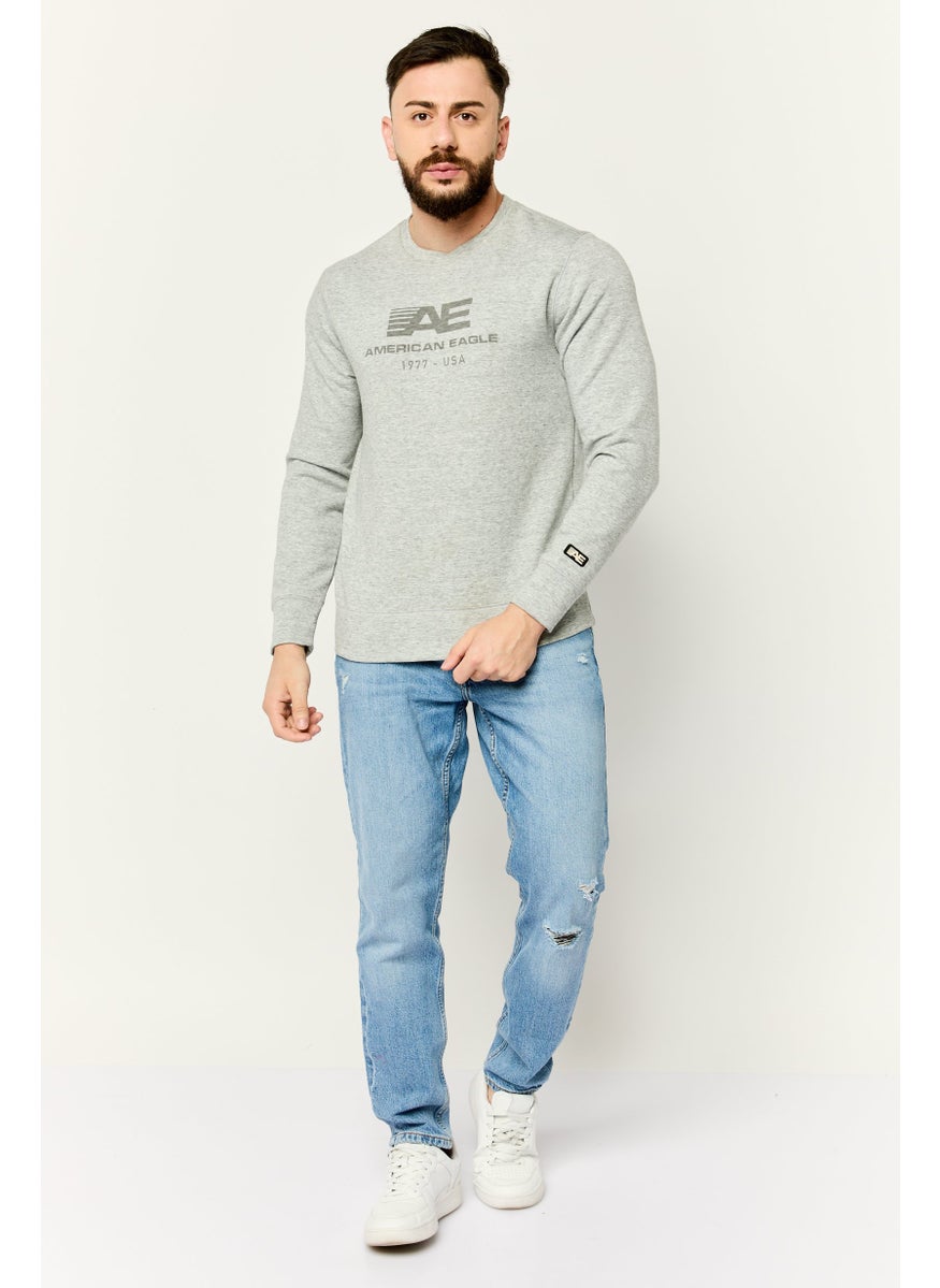 Men Crew Neck Long Sleeve Brand Logo Sweatshirt, Heather Grey