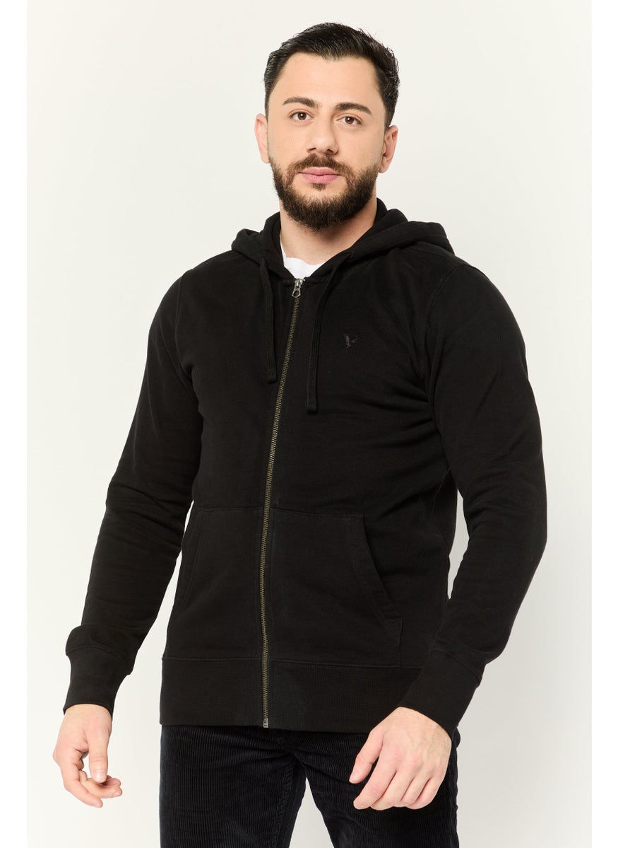 Men Long Sleeve Embroidered Logo FullZip Hoodie, Black